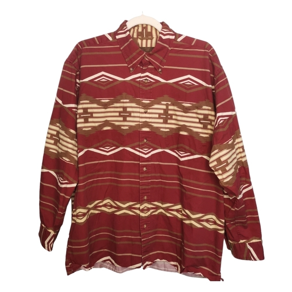 Clearwater Western Aztec Print Maroon Button‎ Up Shirt Southwest Boho Cotton